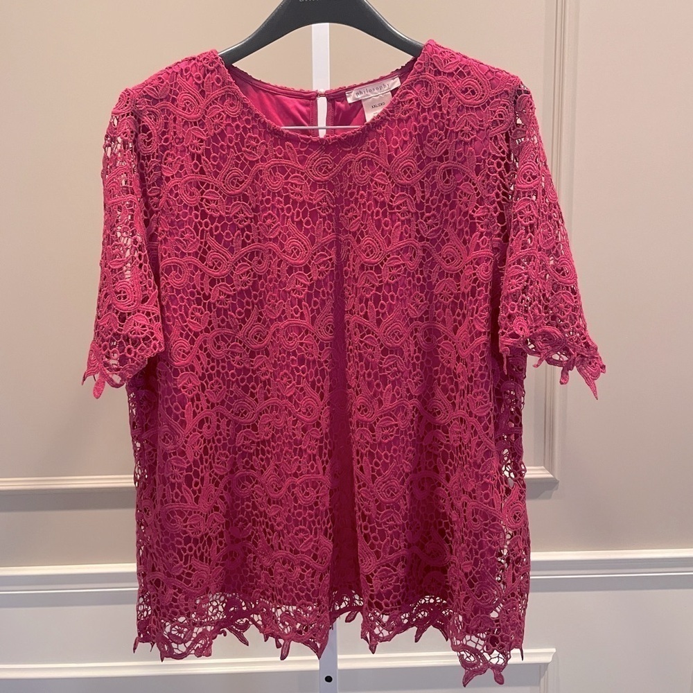 Philosophy XXL Lace Top Shirt Blouse Magenta Pink Layered Pearl Button Keyhole